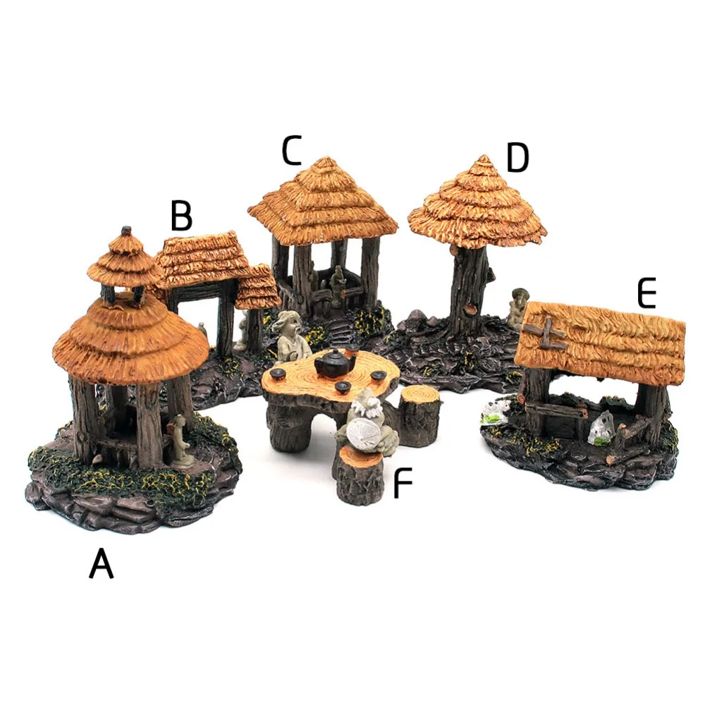 6 Pcs Resin Simulation Chinese Ancient Bungalows Huts Aquarium