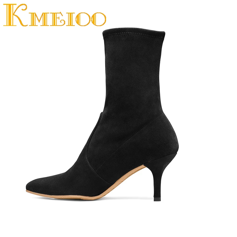 Kmeioo ботильоны для женщин; коллекция года; зимняя женская обувь из искусственной замши; Каблук «рюмочка» 6,5 см; цвет черный, красный; острый носок; американские размеры 5-15