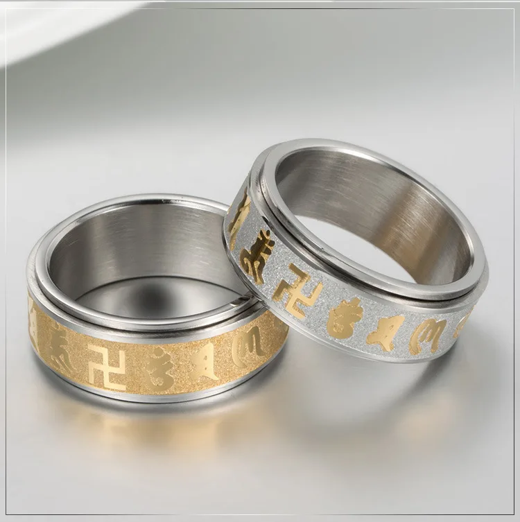 Swastika санскрит кольцо с мантрой тибетские украшения буддийские крестообразный Спиннер вращающееся кольцо Мужские изделия из титановой стали золотые, серебряные кольца для мужчин