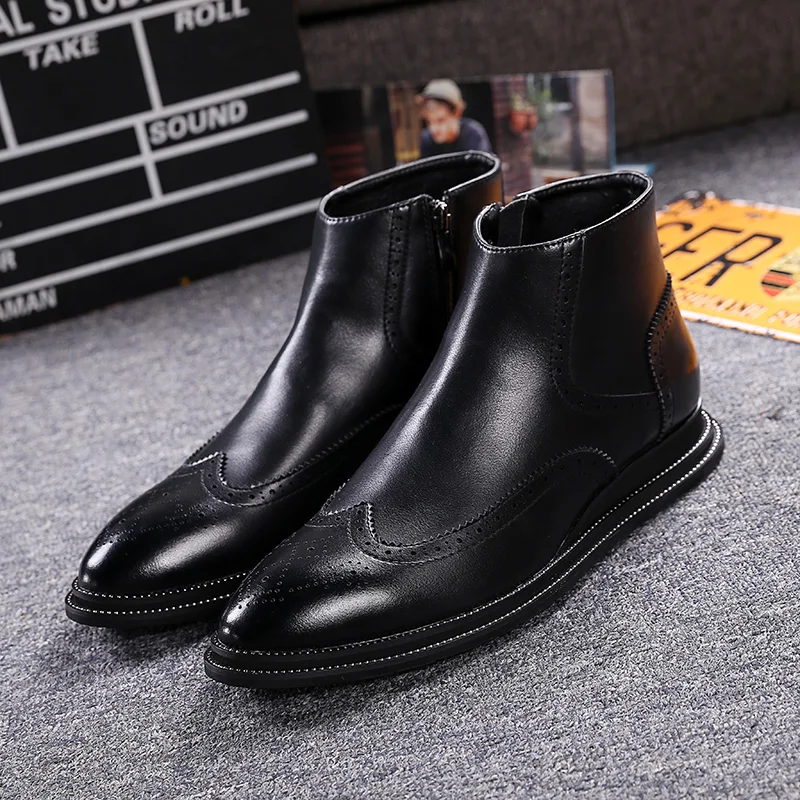 

Pidepie Fashion Genuine Leather Bullock Men Boots Slip-on High-top Carved Brogue Boots Casual Martin Boots Ankle Botas Size37-44