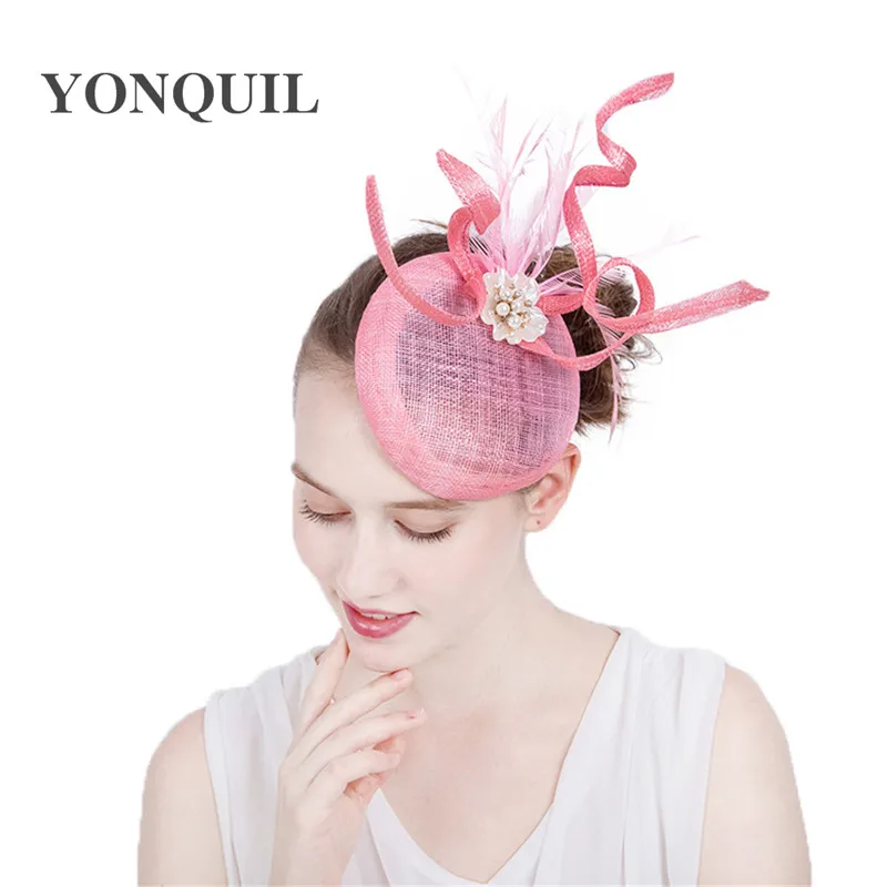 Женский обруч millinery жемчуг гонки сезон шляпы розовый Sinamay Свадебная шляпка для коктейльных вечерние события высокое качество