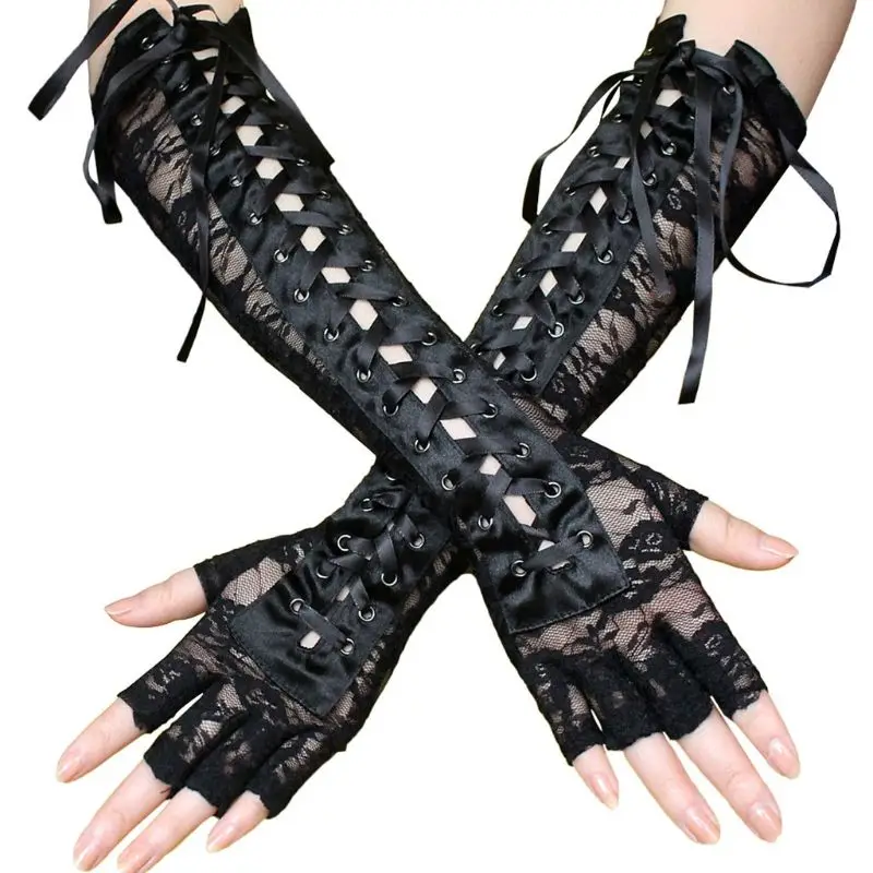 Женские сексуальные кружевные перчатки длиной до локтя с открытыми пальцами, черные ленты для танцев без пальцев в сетку, сетчатые варежки