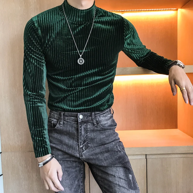

2018 Winter Mens Velvet T Shirts Green Khaki T Shirts Mens Stripe T-shirts Top Homme Slim Fit Tops Casual Mens T Shirt Retro