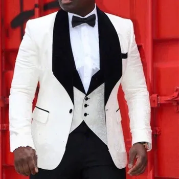 

High Quality White Groom Tuxedos Wedding Suits Black Shawl Lapel Best Man Prom Suit Groomsman Wedding Suits (Jacket+Pants+Vest)