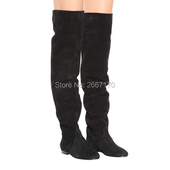 

New Collection Autumn Winter Botines Mujer Plain Suede Knee High Botas Ladies Fashion Shoes Round Toe Slip On Flat Boots Women