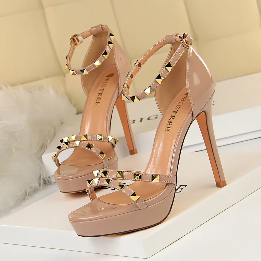 Модная Летняя женская обувь пикантные женские босоножки на высоком каблуке 11,5 см с открытым носком женские туфли-лодочки с заклепками 6 цветов 34-43 OULYYYOGO