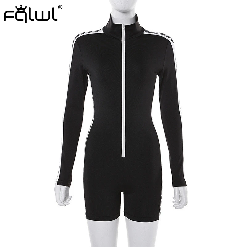 FQLWL Letter Print Fitness Sexy Bodycon Jumpsuit Women Short Playsuit Long Sleeve Skinny Summer Rompers Womens Jumpsuit Female