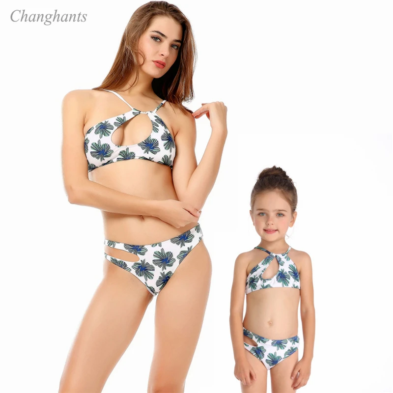 

2019 New Model Parent child Bikini set White & leaves two piece swimwear Swimsuit bikinis swim wear bathing suits swimming suit