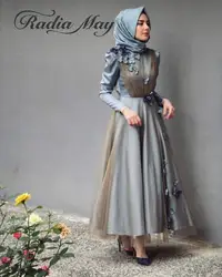 Винтажное мусульманское вечернее платье длиной до щиколотки серого и синего цвета с хиджабом, длинными рукавами, 3D цветами, арабским