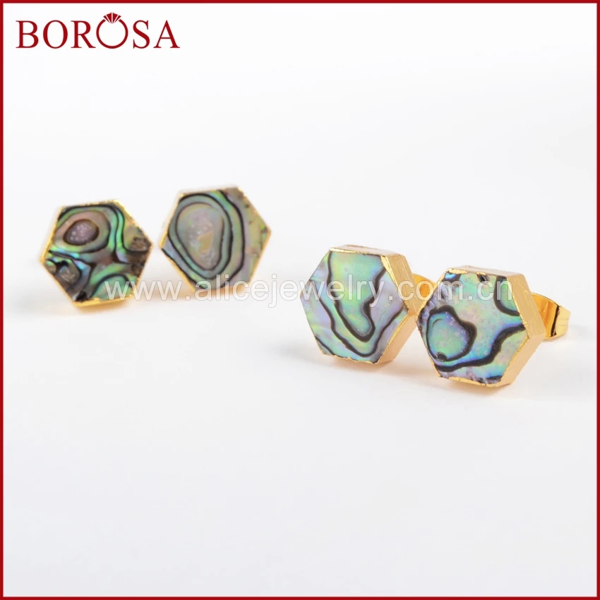 BOROSA 5 пар и популярный натуральный золотой цвет Abalone Shell Шестигранная форма серьги-гвоздики для женщин модные ювелирные изделия G0878