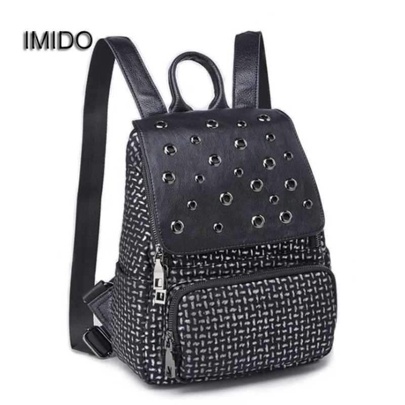 IMIDO New Women Backpack Brand Designer Soft Leather Black Backpacks for Girls Travel Bag Black