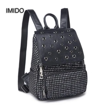 

IMIDO New Women Backpack Brand Designer Soft Leather Black Backpacks for Girls Travel Bag Black Rucksack mochila feminina SLD128