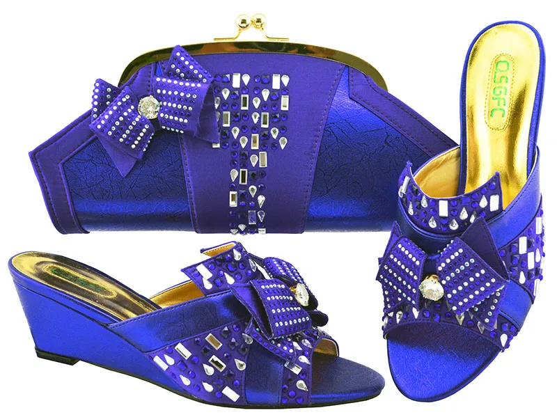 

Violet wedges slippers shoes and bag matching set with many stones size 38 to 43 low heel 2.5 inches italian shoes bag SB8255-3