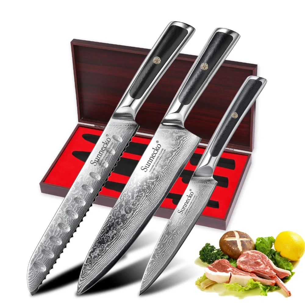 

SUNNECKO 3PCS Kitchen Knives Set Japanese Damascus Steel Chef Bread Utility Knife G10 Handle High Quality Gift Box Packaging