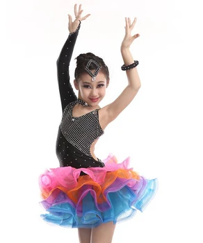 

New Sale Newest Rainbow Rhinestone Unequal Girls Latin Ballroom Dress / Kids Latin Dance Dress Children