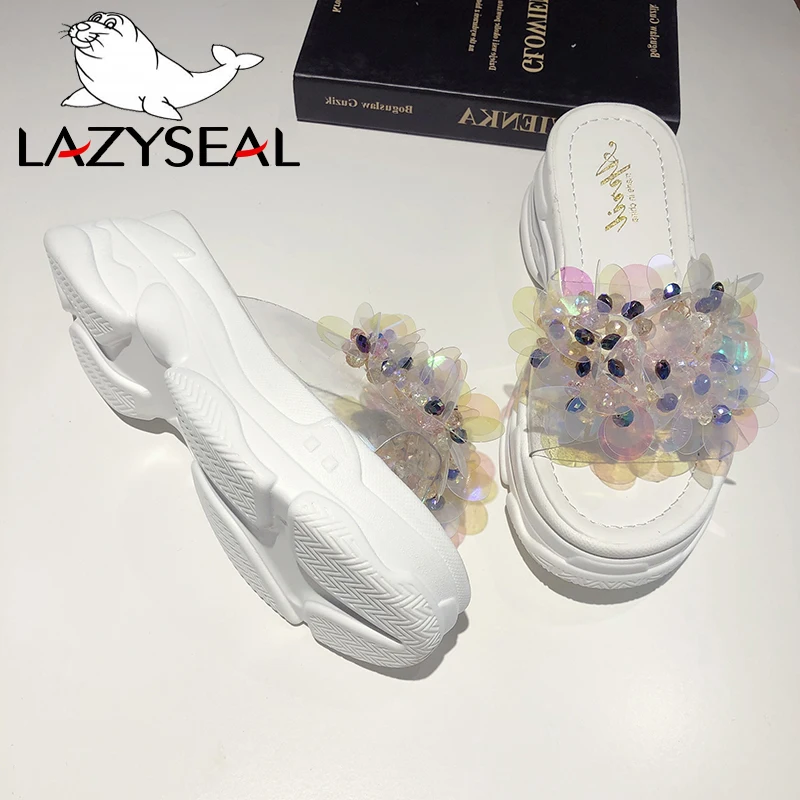 LazySeal Transparent Bling Platform Slippers Women New Summer Shoes With Crystal Diamonds Wedge Ladies Flip Flops Woman Slides