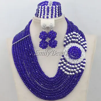 

Royal Blue Nigerian Wedding Bridal Crystal Beads Jewelry Set Costume African Necklace Jewelry Sets Free Shipping AIJ113