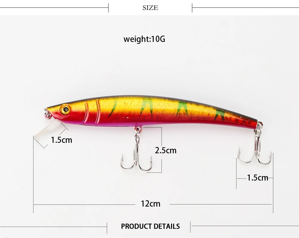 JACKFISH гольян красочные приманки для рыбалки 10 шт./партия 12 см/10 г 3D приманка для рыбалки в полоску искусственные приманки снасти с тройными крючками