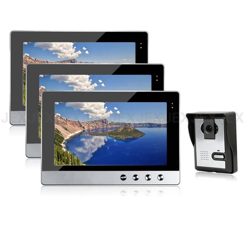 

JEX 10 inch LCD video doorphone intercom doorbell speaker intercom system kit 3 monitor + 700TVL IR Camera 1V3 In Stock