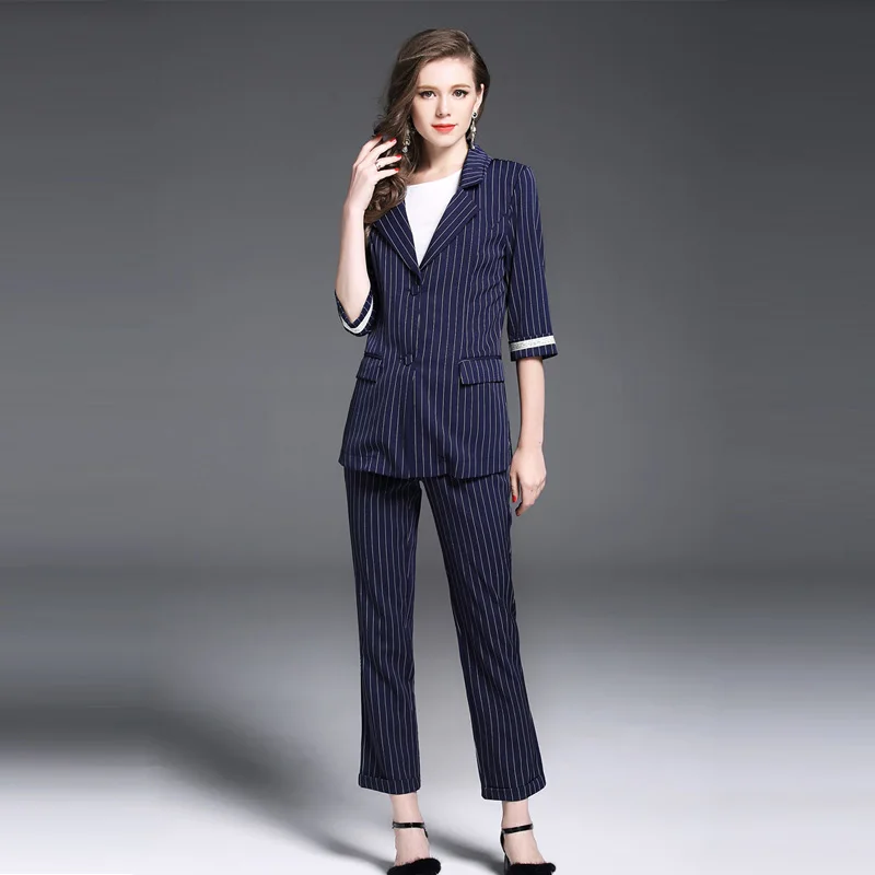 MYCOURSE 2017 New Autumn and Winter Fashion Women's Costumes Plaid Blazer With Striped Pencil Pants Set Female Office Suit Set