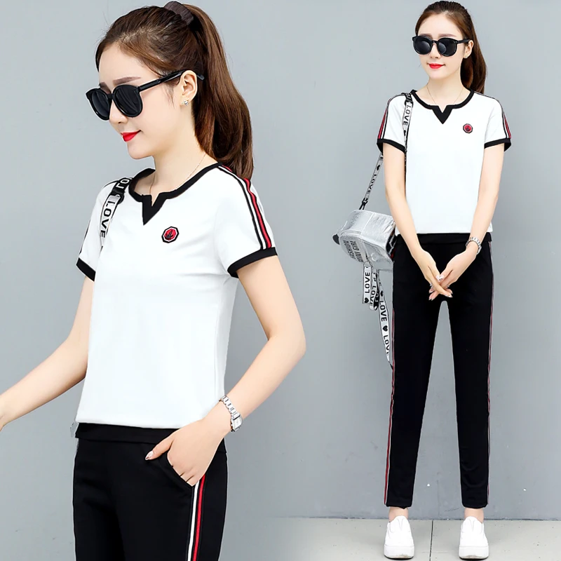

Two Piece Set Tracksuits for Women Outfit Sportswear Summer Co-ord Set Striped Top and Wide Pants Suits Plus Size Black Clothing