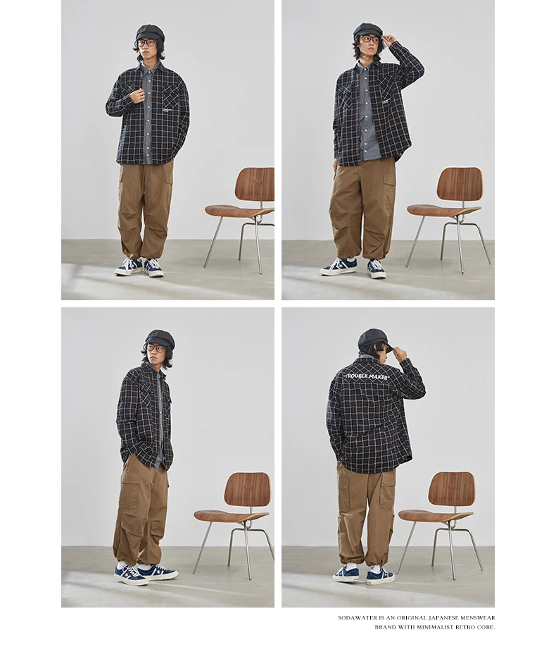 SODA WATER Men Casual Plaid Shirts Harajuku Autumn Letter Print Long Sleeve Shirt For Men Retro Loose Front Pocket Shirts 92107W