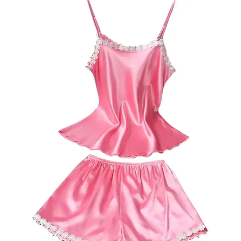 

Womens Plus Size Flower Hem Ice Silk Pajamas Set Tank Top Shorts Solid Sleepwear