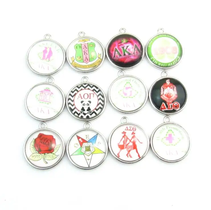 

Hot selling 20pcs Mix Glass AKA Sorority Crest Charm With Alloy AKA Dangle pendant charm For DIY Fashion Women Men Jewelry