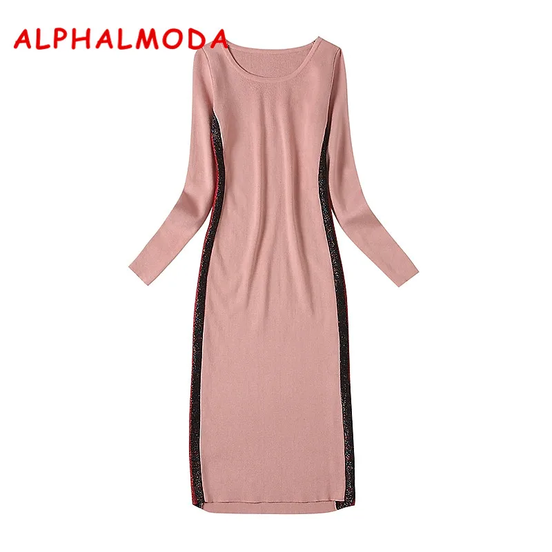 Женское трикотажное платье ALPHALMODA с длинным рукавом и блестящими полосками в