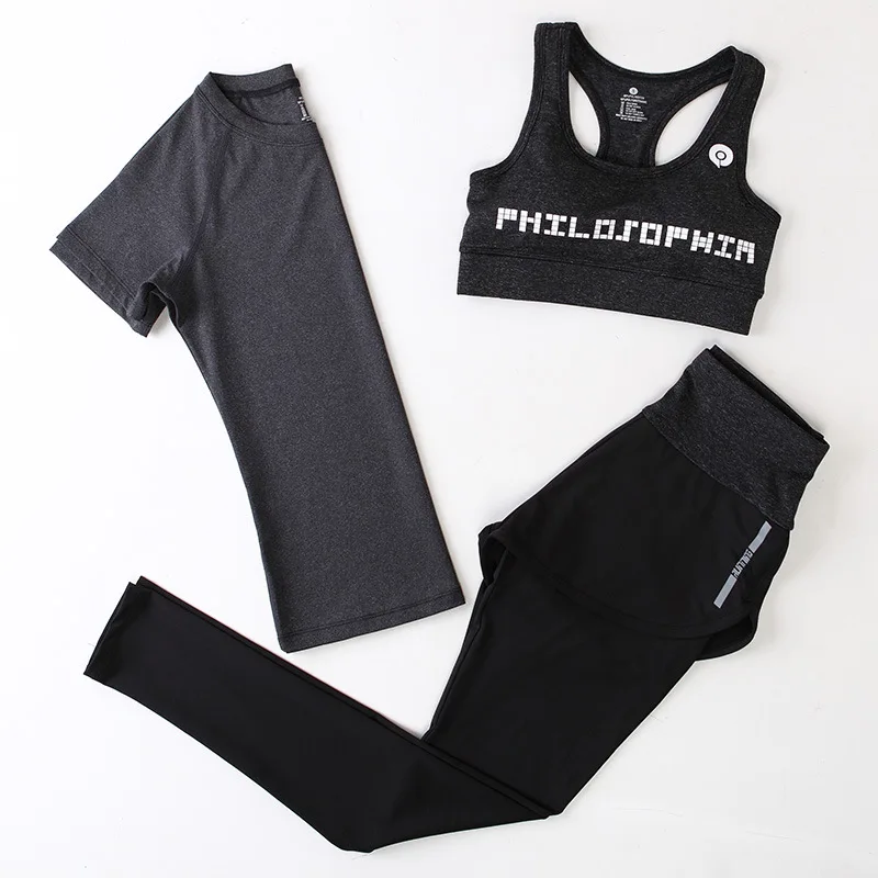 Dark Gray sets Женский комплект для фитнеса, йоги, гимнастические костюмы, 3 шт., женская спортивная одежда, одежда для бега, спортивный костюм, майка, топ, леггинсы, ZF196 - Цвет: Dark Gray sets