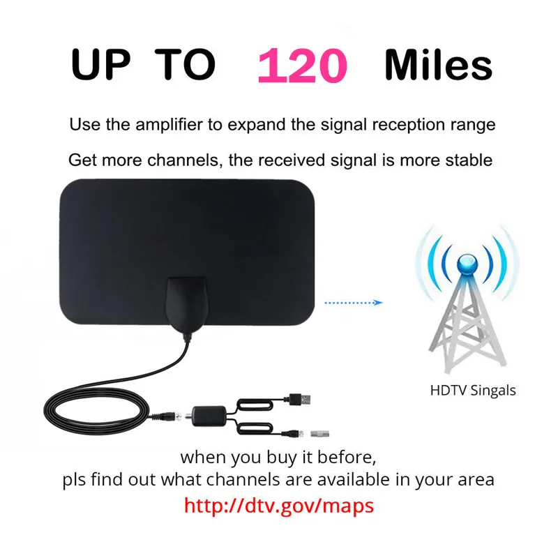 

120 Miles Signal Satellite receiver Indoor DVB-T2 With Amplifier Signal Booster HD TV 1080P Digital Antenna Flat TV Receiver