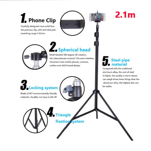 X Large -2.1m 2,1 м штатив с дистанционным держателем мобильного телефона для iPhone X 7 6 S Plus 5s samsung Tiske портативный дорожный треножник для камеры держатель - Цвет: X Large -2.1m