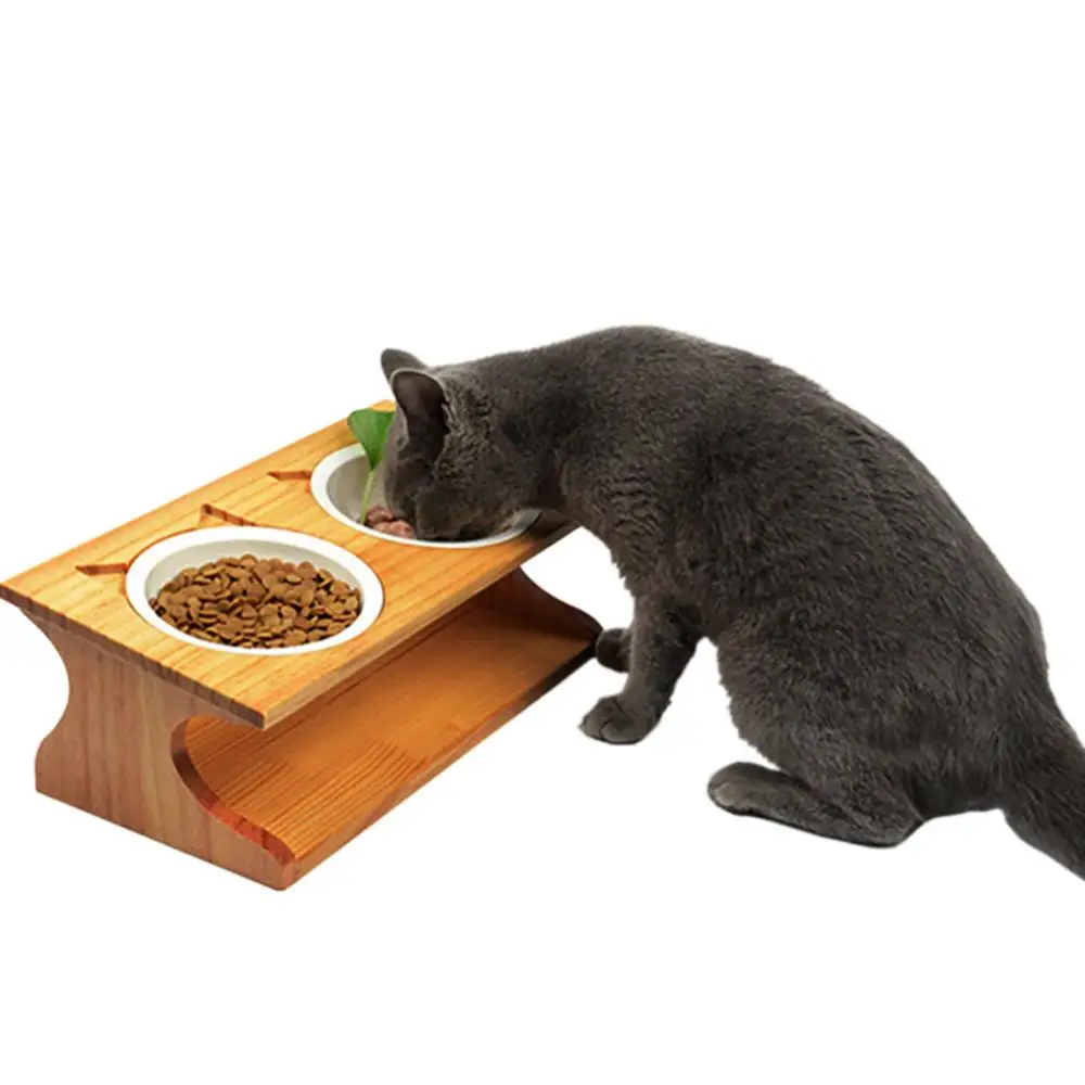 

Pet Wooden Tilted Feeders Pet Anti-slip Double Ceramic Bowl Cat Dish with Slope Base Lovely Pet Bowls with Bamboo Stand New