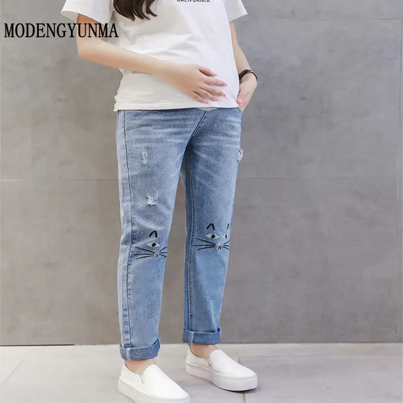 MODENGYUNMA Материнство джинсы для беременных женщин свободные брюки карандаш для беременных эластичный пояс джинсовые брюки Одежда для беременных Новинка - Цвет: Синий
