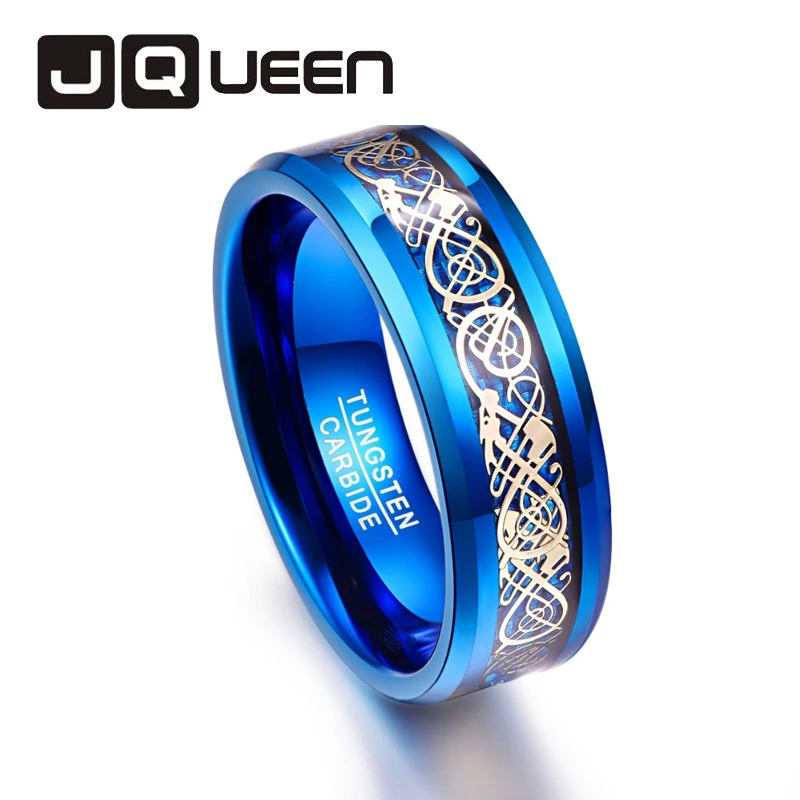 

Men's 8mm Blue Tungsten Carbide Wedding Band Rings Gold Dragon Blue Carbon Fiber Beveled Size 6 to 14