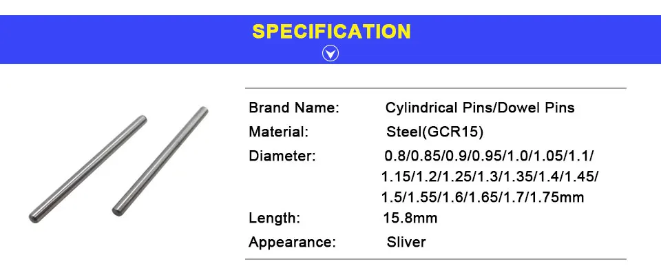 LUPULLEY 50pcs/lot Cylindrical Pins Dowel Pin Length 15.8mm Dia. 0.8mm/1mm/1.2mm/1.4mm/1.5mm/1.65mm Metal Fasten Element