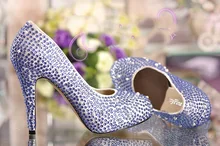 Fashion Blue Rhinestone Round Toe Platform High Heel Wedding Bridal Evening Pumps Prom Dress Shoes