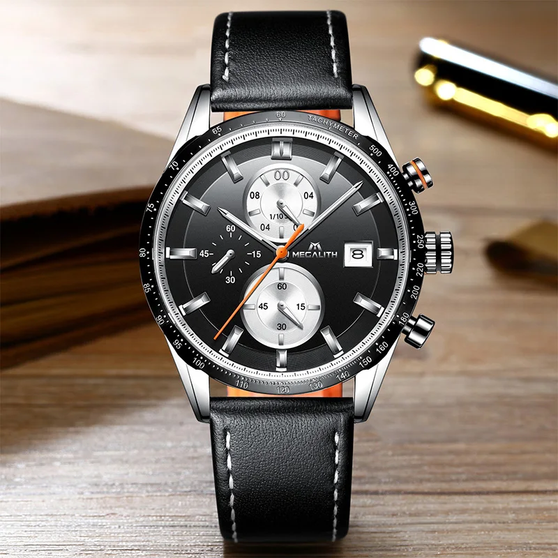 

2019 Top Fashion Brand MEGALITH Men Watches Chronograph Sport Waterproof Watches Man Black Leather Quartz Watch Men Reloj Hombre