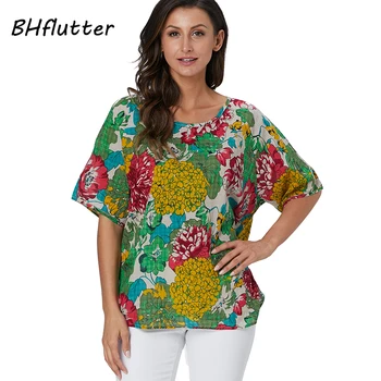 

BHflutter 100% Cotton Shirts Women Fashion Short Sleeve Casual Summer Blouses Boho Floral Print Ladies Tops Tees camisas mujer