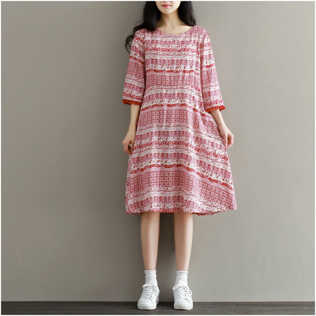 

2019 New Summer Dress Women Printed 3/4 Sleeve Tassel Dress Casual O-Neck Oversized Baggy Dresses Boho Beach Sundress Vestidos