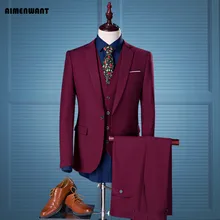 Aimenwant/Брендовые мужские костюмы винно-красного цвета, облегающие костюмы для жениха, свадебные торжественные костюмы, M-4XL, большие размеры, блейзер+ жилет+ штаны, комплект