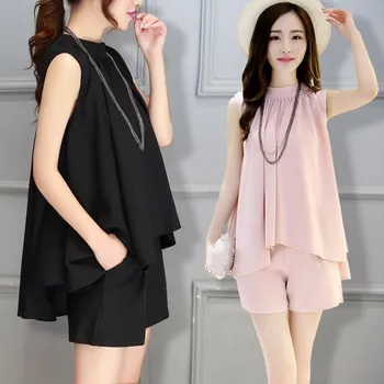 

Plus Size 4Xl Summer Two Piece Sets O-Neck Women Solid Color Chiffon Blouses And Elastic Waist Shorts Loose Suits
