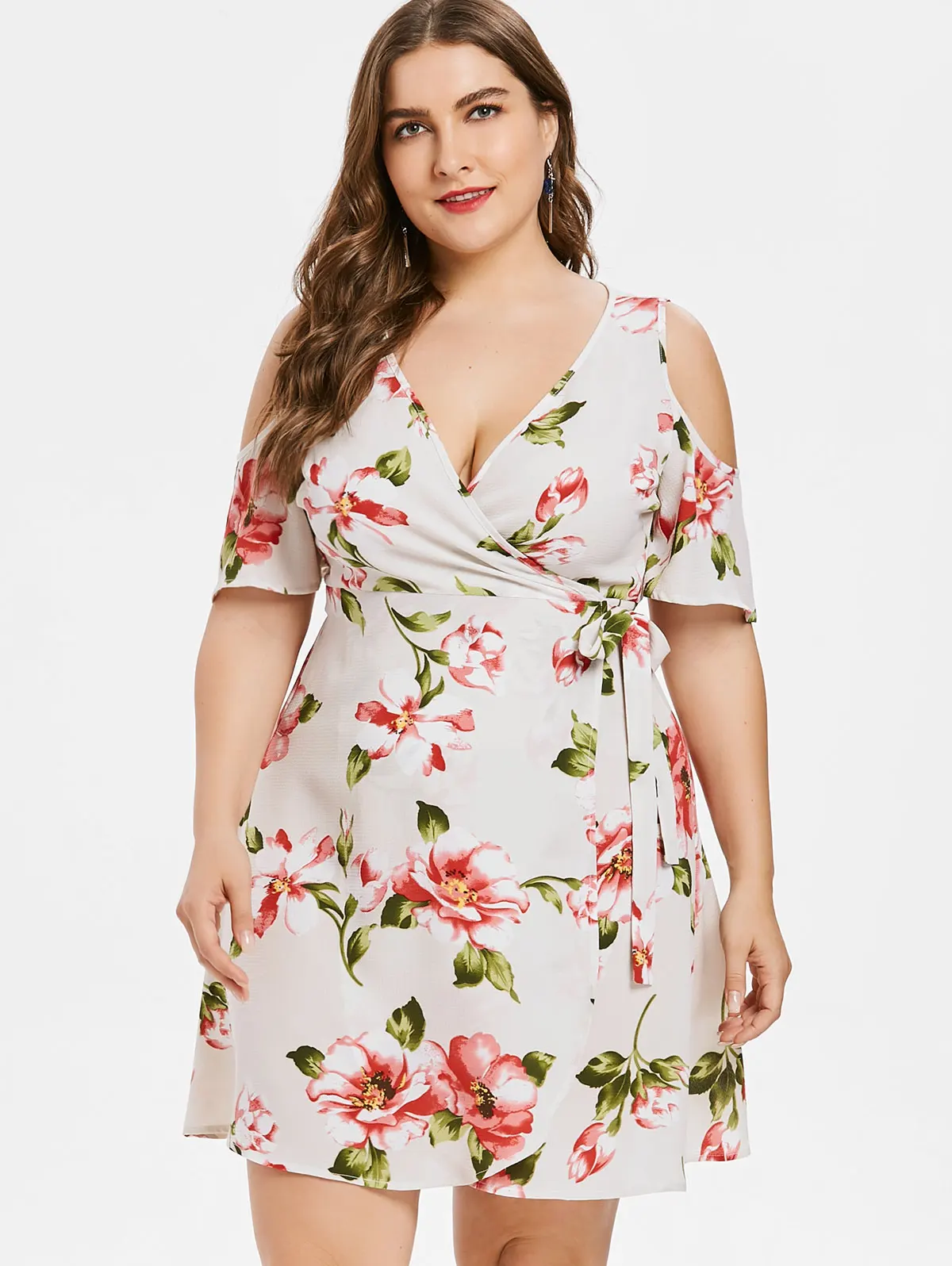 Wipalo Plus Size Cold Shoulder Plunging Neck Half Sleeve Dress Summer ...