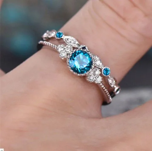 3 цвета стекируемые двойной кольца наборы для ухода за кожей для Для женщин 925 серебро круглый зеленый синий камень циркон Обручение женский камень кольцо
