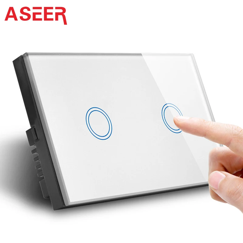 

ASEER, AU/US Smart Switch 2 Gang Touch Control Wall Switch 1000W,3 Color Crystal Glass Panel Wall Touch Light Switch AC110-240V