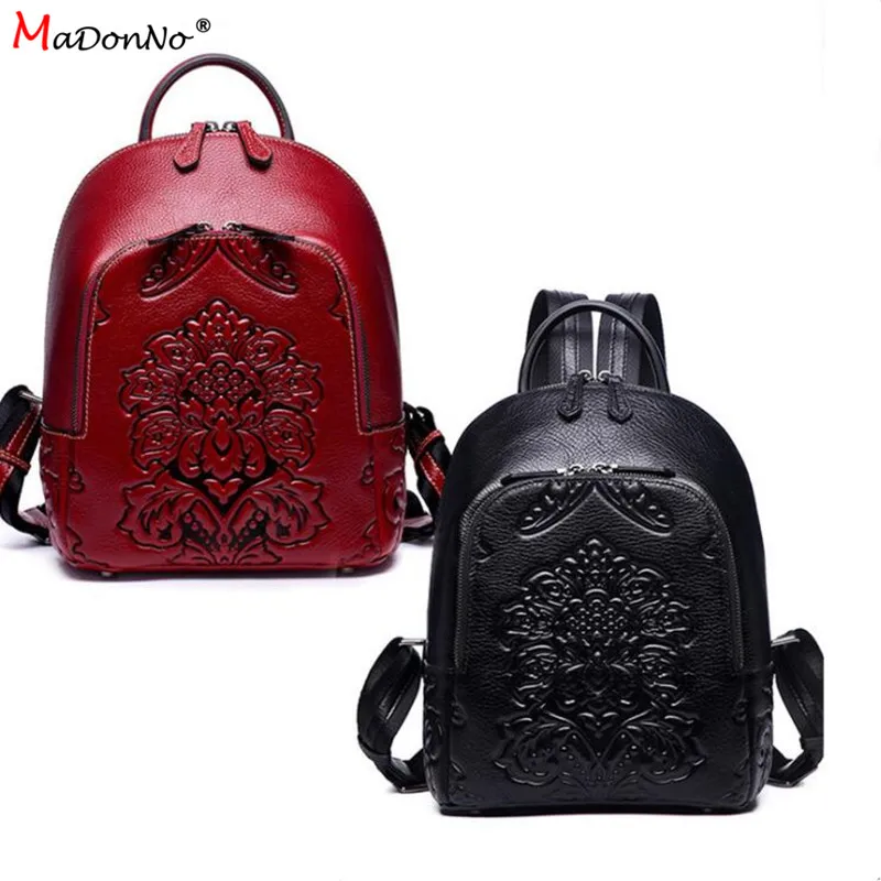 

MaDonNo' Women's Leather Female Bag Top Layer Cowhide Superior Quality Ethnic Style Backpack