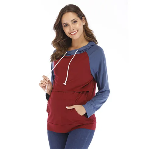 Puseky беременности и родам кофточка для беременных, Топы, Свитера для грудного вскармливания пуловер для беременных с капюшоном с длинным рукавом для беременных и кормящих футболки для девочек - Цвет: Blue and Wine Red