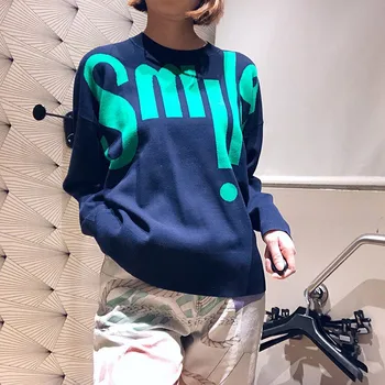 

2019 spring O neck long sleeve hit the color letter pattern women casual loose sweater