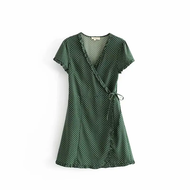 

QZ663 Women Elegant V Neck Dot Ruffles Edge Short Sleeve Slim Waist Side Belt Dress Vintage Vestidos