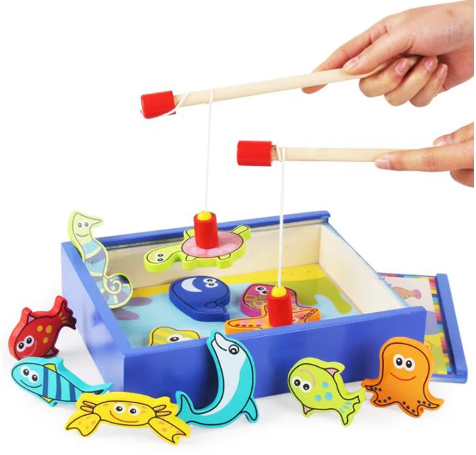 Wooden Fishing Game 12 Ocean Animals & 2 Fishing rod Toys for